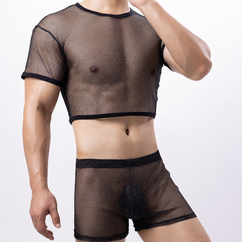 Men's thin and transparent silver mesh sexy suit, two-piece set