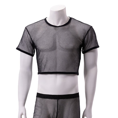 Men's thin and transparent silver mesh sexy suit, two-piece set