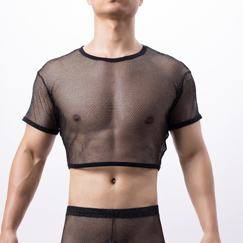 Men's thin and transparent silver mesh sexy suit, two-piece set